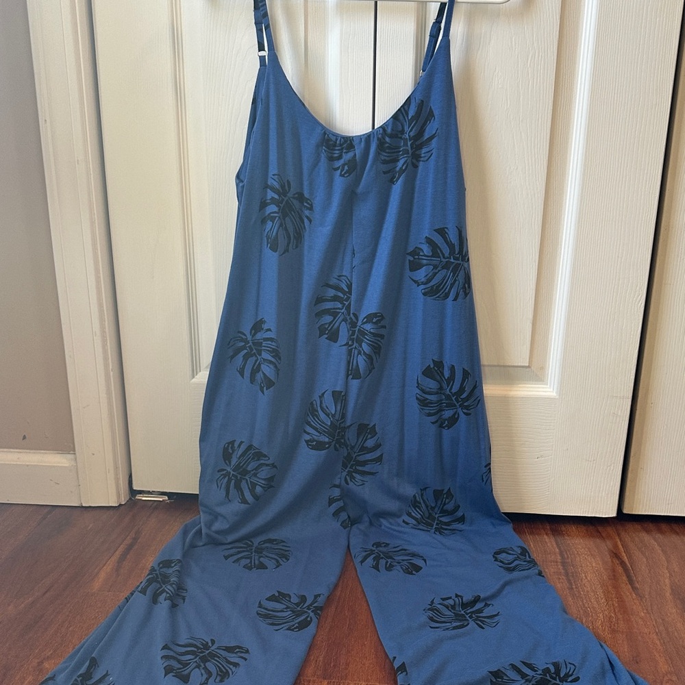 Blue Jumpsuit with Black Leaf Print